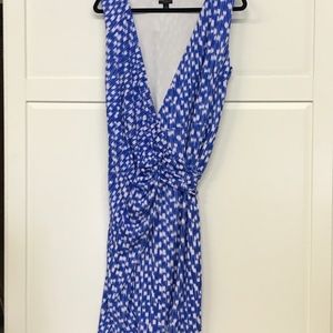 Blue & white wrap dress with built-in shapewear
